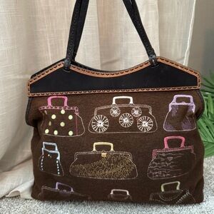 Embroidered Carpet Bag Large Brown Purse Felt & Leather Cute & Whimsical